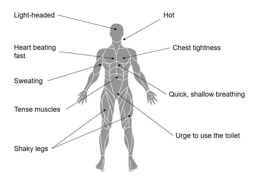 Picture of the body labelled with symptoms of anger. Light-headed, with arrow pointing to head, hot, with arrow pointing to neck, heart beating fast, with arrow pointing to heart, chest tightness, with arrow pointing to chest, sweating, with arrow pointing to underarm, quick, shallow breathing with arrow pointing to midsection, tense muscles, with arrow pointing to abdomen, urge to use the toilet, with arrow pointing to pelvis, and shaky legs, with arrows pointing to legs.