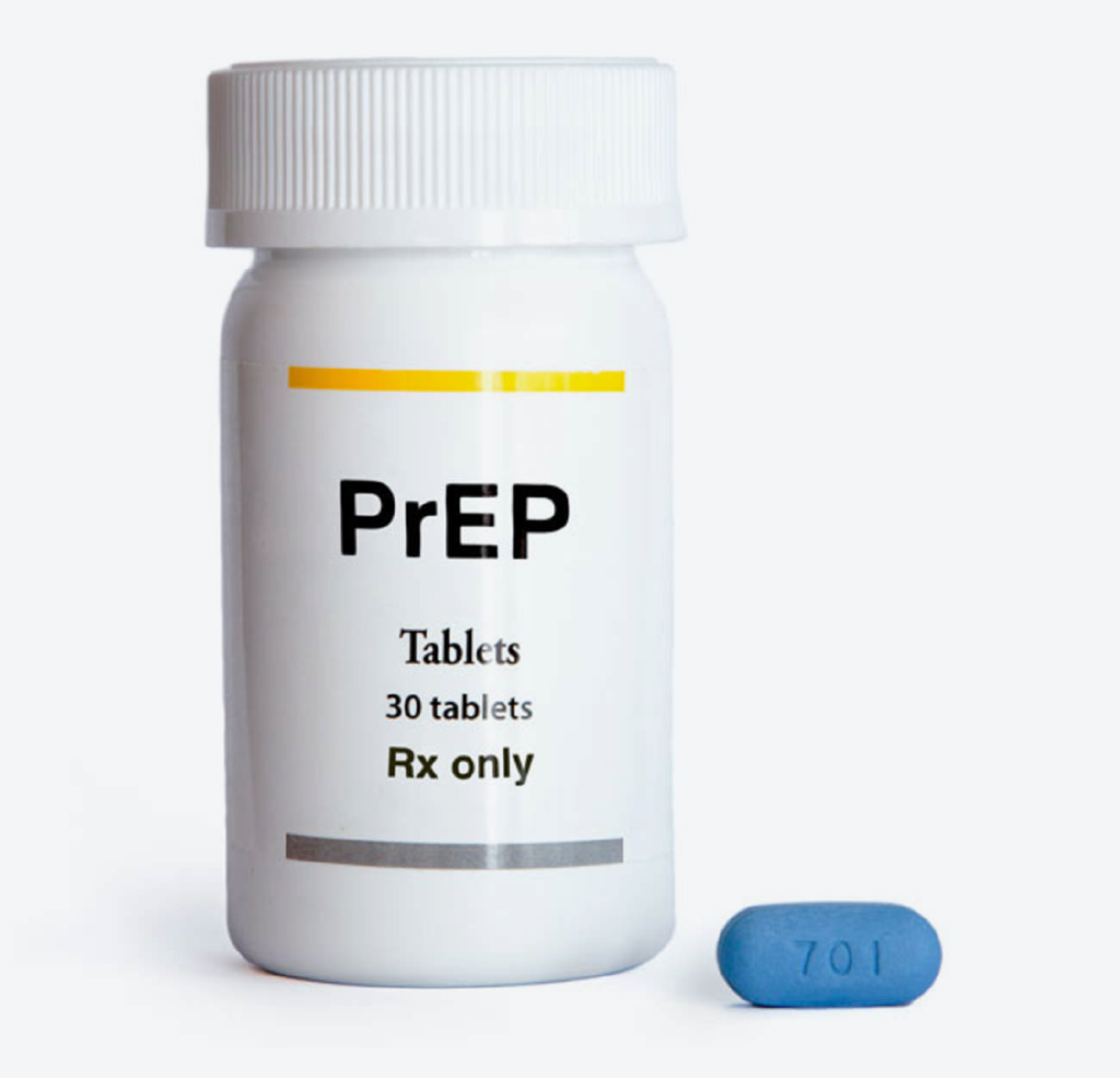 white tub of pills that says PrEP on the front